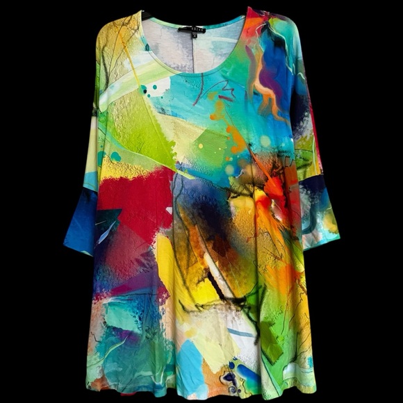 Kozan Abstract 3/4 Sleeve Relaxed Fit Tunic Top Vibrant Funky Art Teacher Boho - Picture 1 of 7